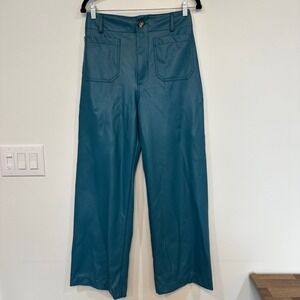 Maeve Anthro Womens Colette Pants 29 TALL Faux Leather Wide Leg Blue Chic